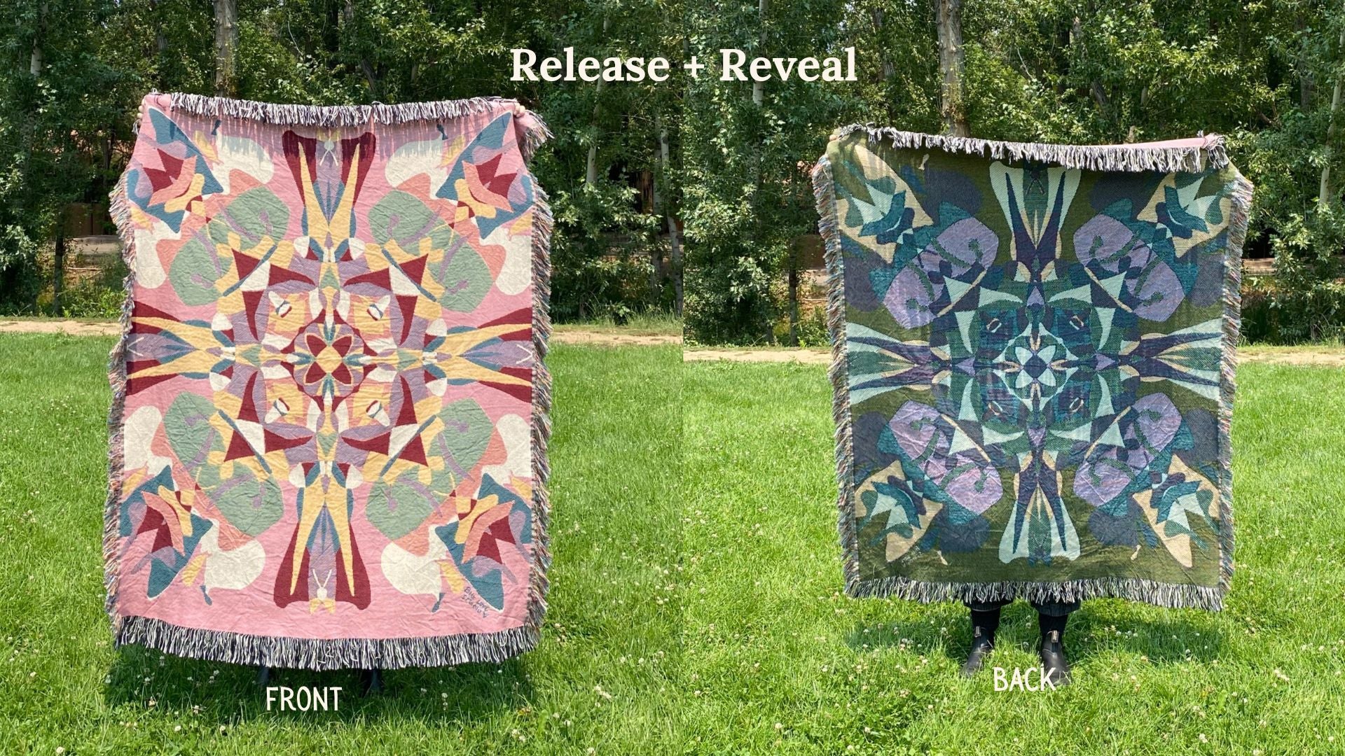 Front and back of a pink and red colorful kaleidoscope patterned woven blanket with the back more blues and greens