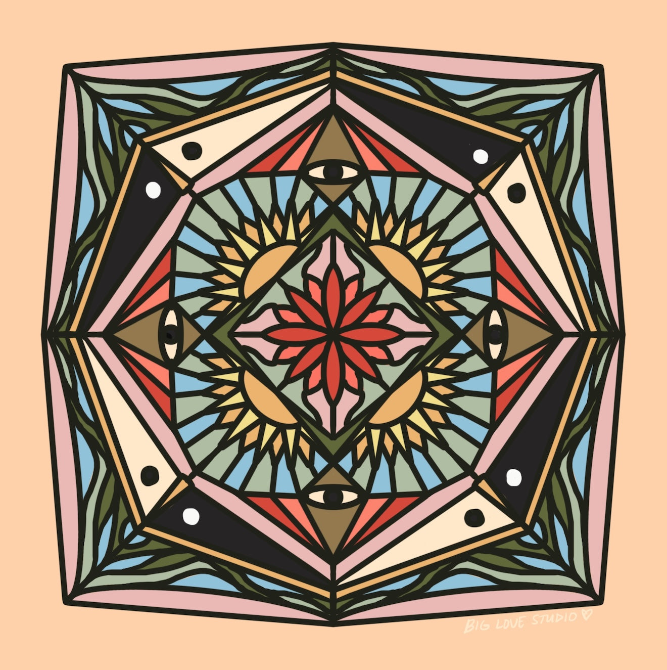 Original mandala pattern used on the blanket, inspired by stained glass, with evil eyes and suns