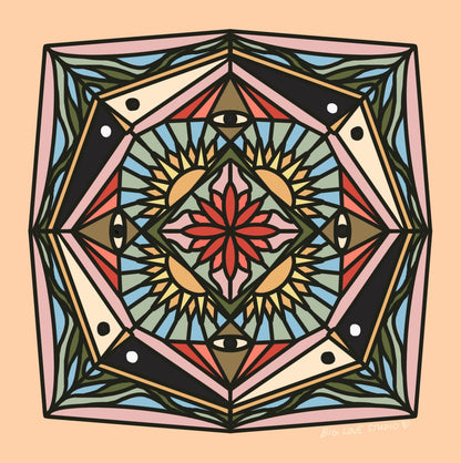 Original mandala pattern used on the blanket, inspired by stained glass, with evil eyes and suns