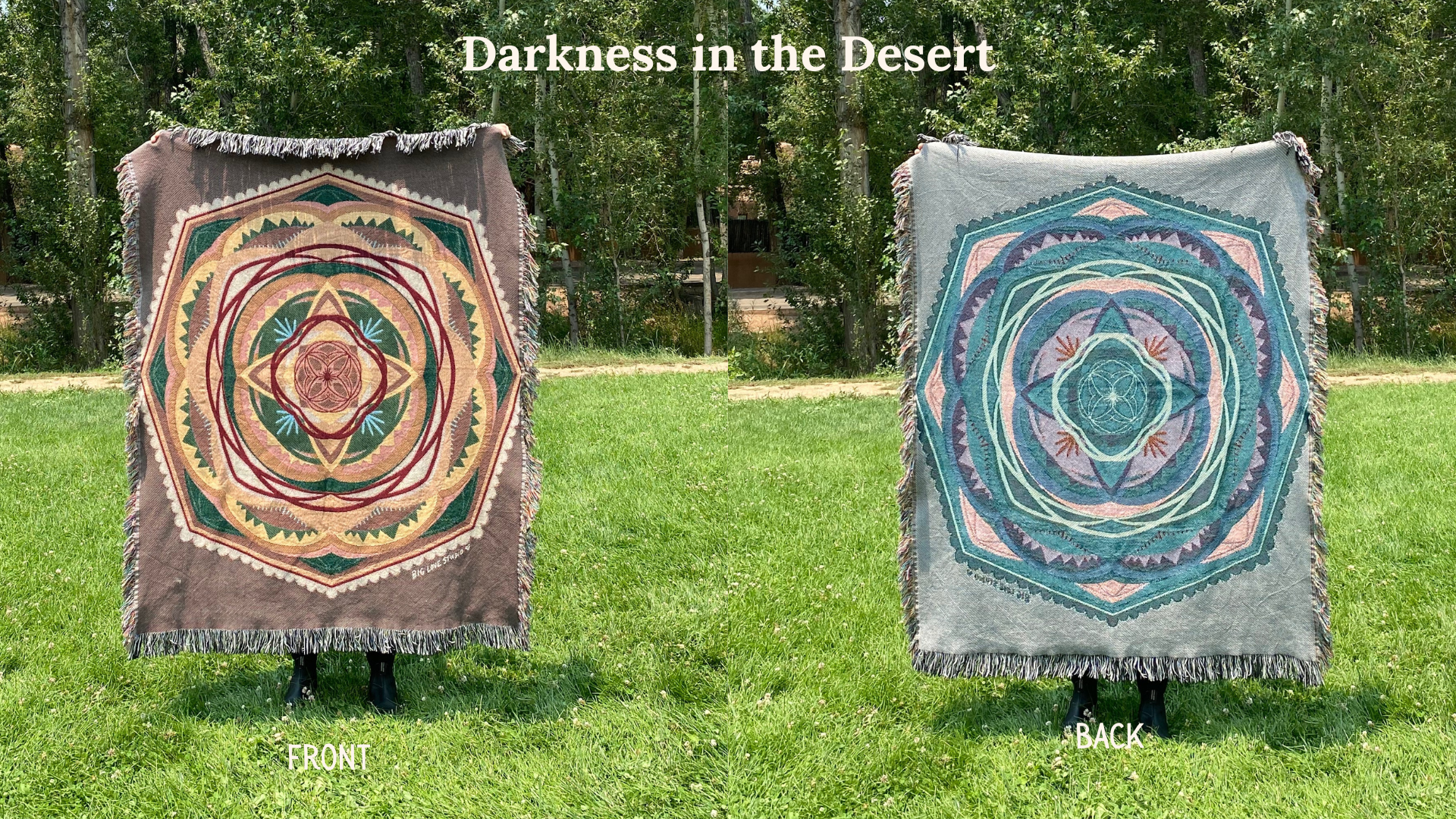 Front and back of a colorful mandala woven blanket with the back more blues and greens