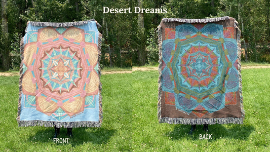 Front and back views of a colorful mandala woven blanket with the back more a dark blues and reds