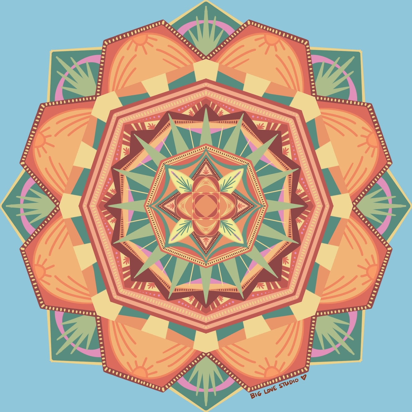 Original kaleidoscope pattern used on the blanket in muted blue, green, and orange