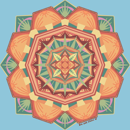 Original kaleidoscope pattern used on the blanket in muted blue, green, and orange