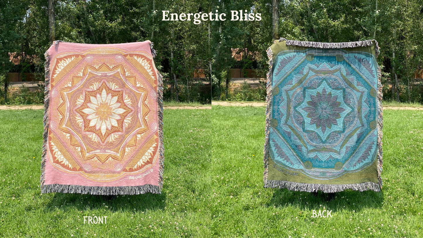 Front and back of a pink and golden colorful mandala patterned woven blanket with the back more blue and green