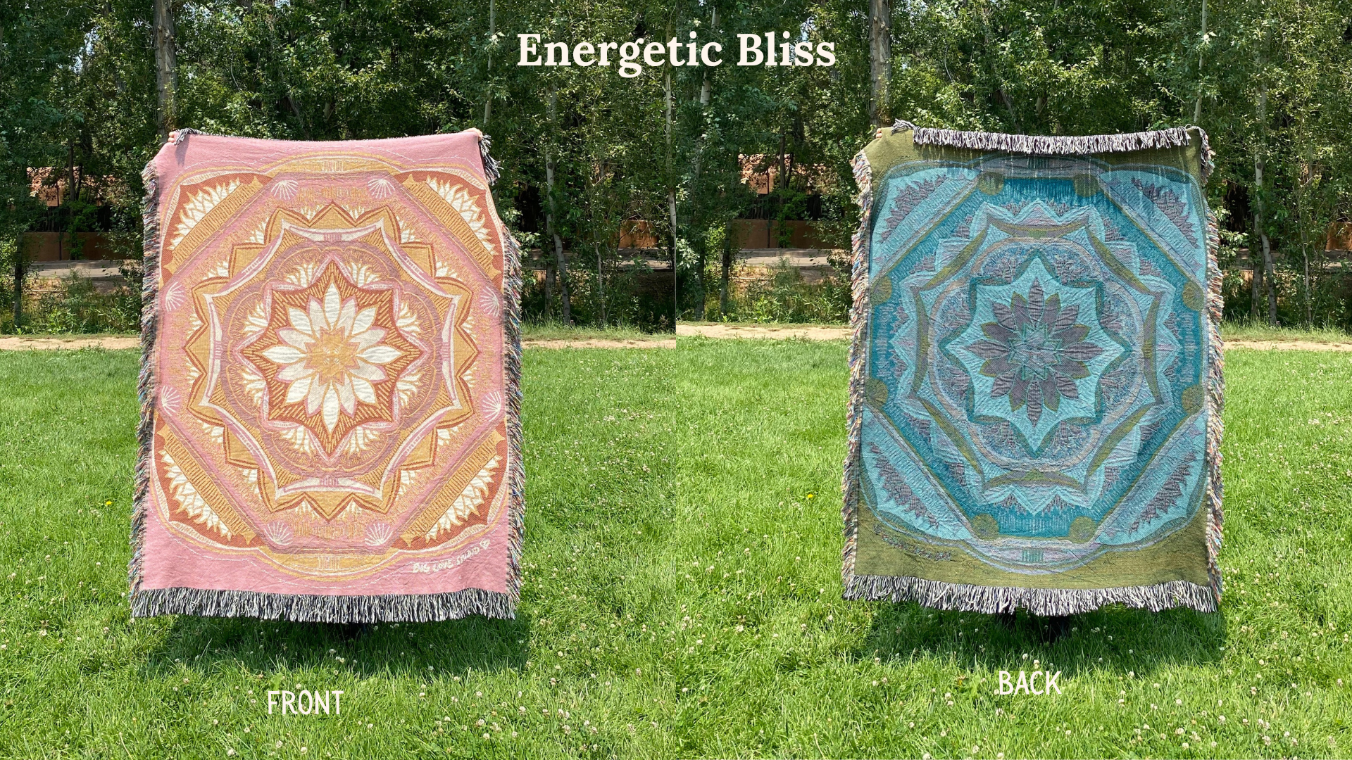 Front and back of a pink and golden colorful mandala patterned woven blanket with the back more blue and green