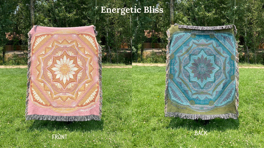 Front and back of a pink and golden colorful mandala patterned woven blanket with the back more blue and green