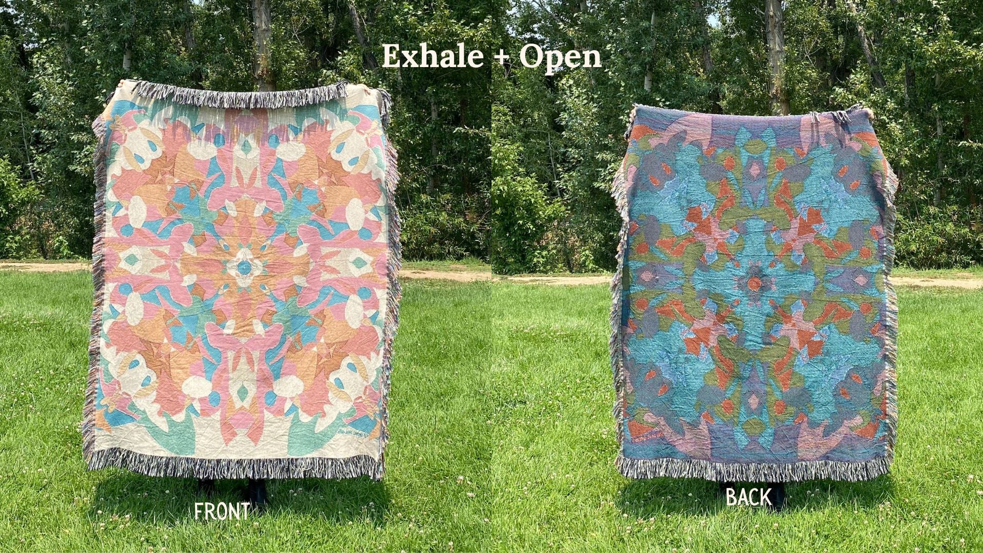 Front and back of a colorful kaleidoscope patterned woven blanket with the back more dark blue