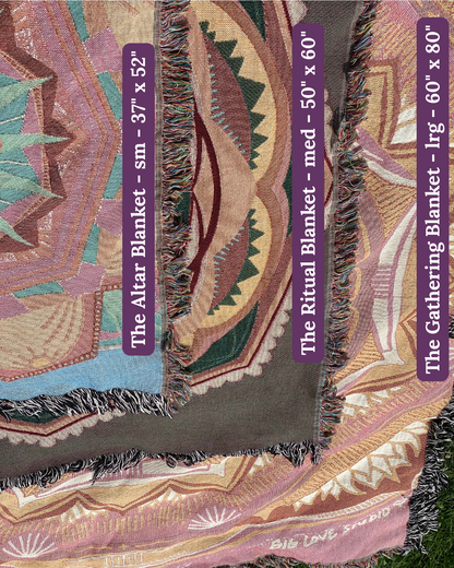 Three corners of woven blanket with sizes: Alter/Small 37" x 52", Ritual/Medium 50" x 60", Gathering/Large 60" x 80"