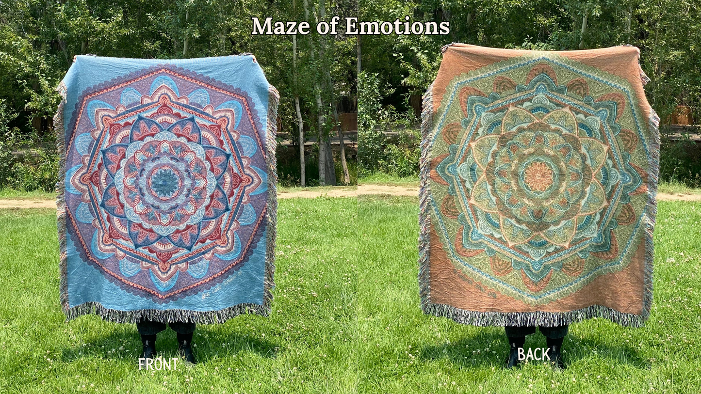 Front and back of a blue and purple mandala woven blanket with the back more a brown and green