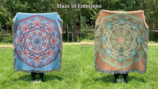 Front and back of a blue and purple mandala woven blanket with the back more a brown and green