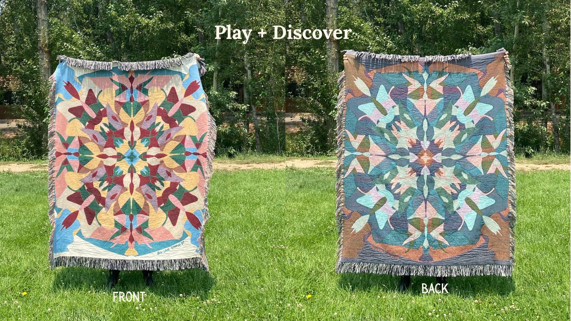 Front and back of a multi colored kaleidoscope patterned woven blanket with the back more blues and browns