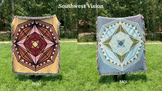 Front and back of a yellow, orange, and red mandala woven blanket with the back more blue and green
