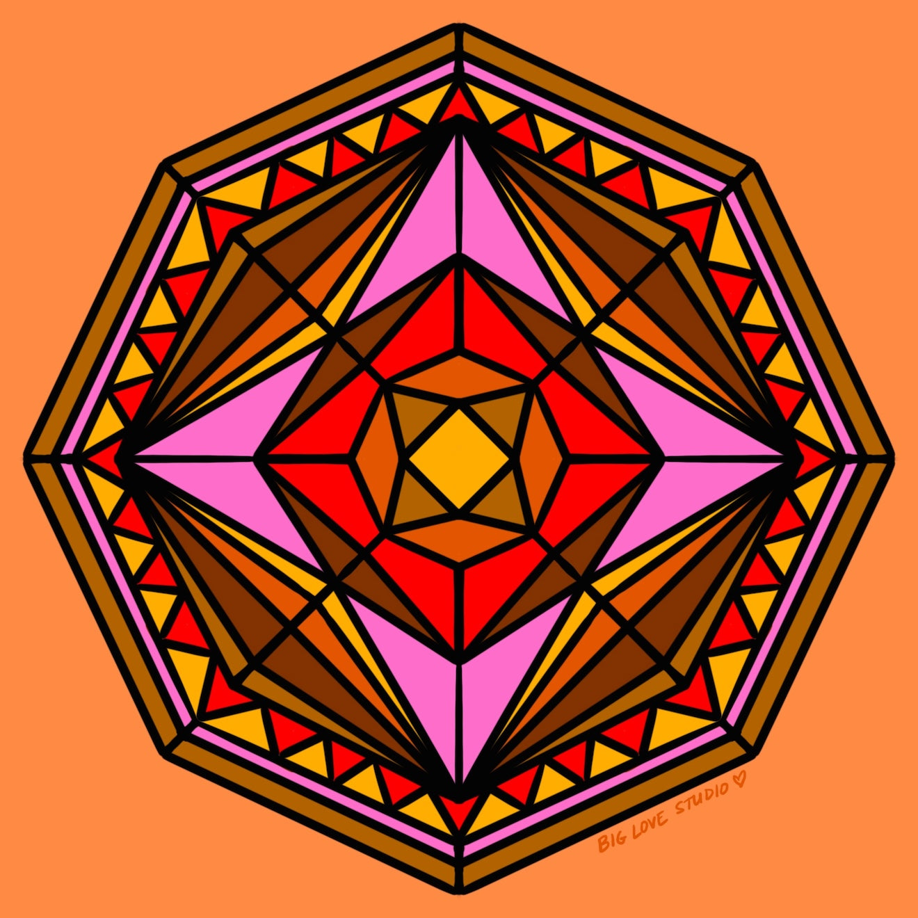Original mandala pattern used on the blanket in orange, browns, yellows inspired by stained glass