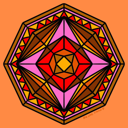 Original mandala pattern used on the blanket in orange, browns, yellows inspired by stained glass