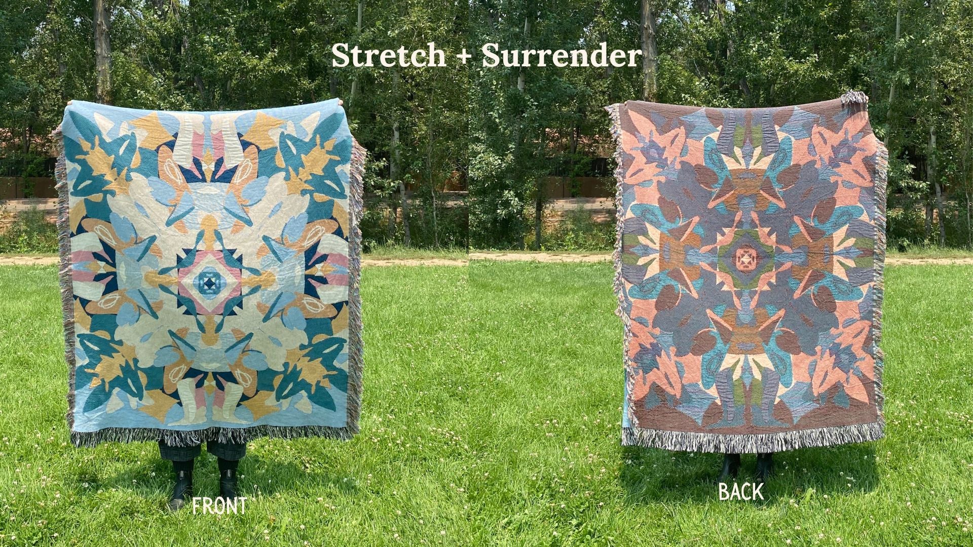 Front and back of a blue and yellow colorful kaleidoscope patterned woven blanket with the back more a pink and blue.