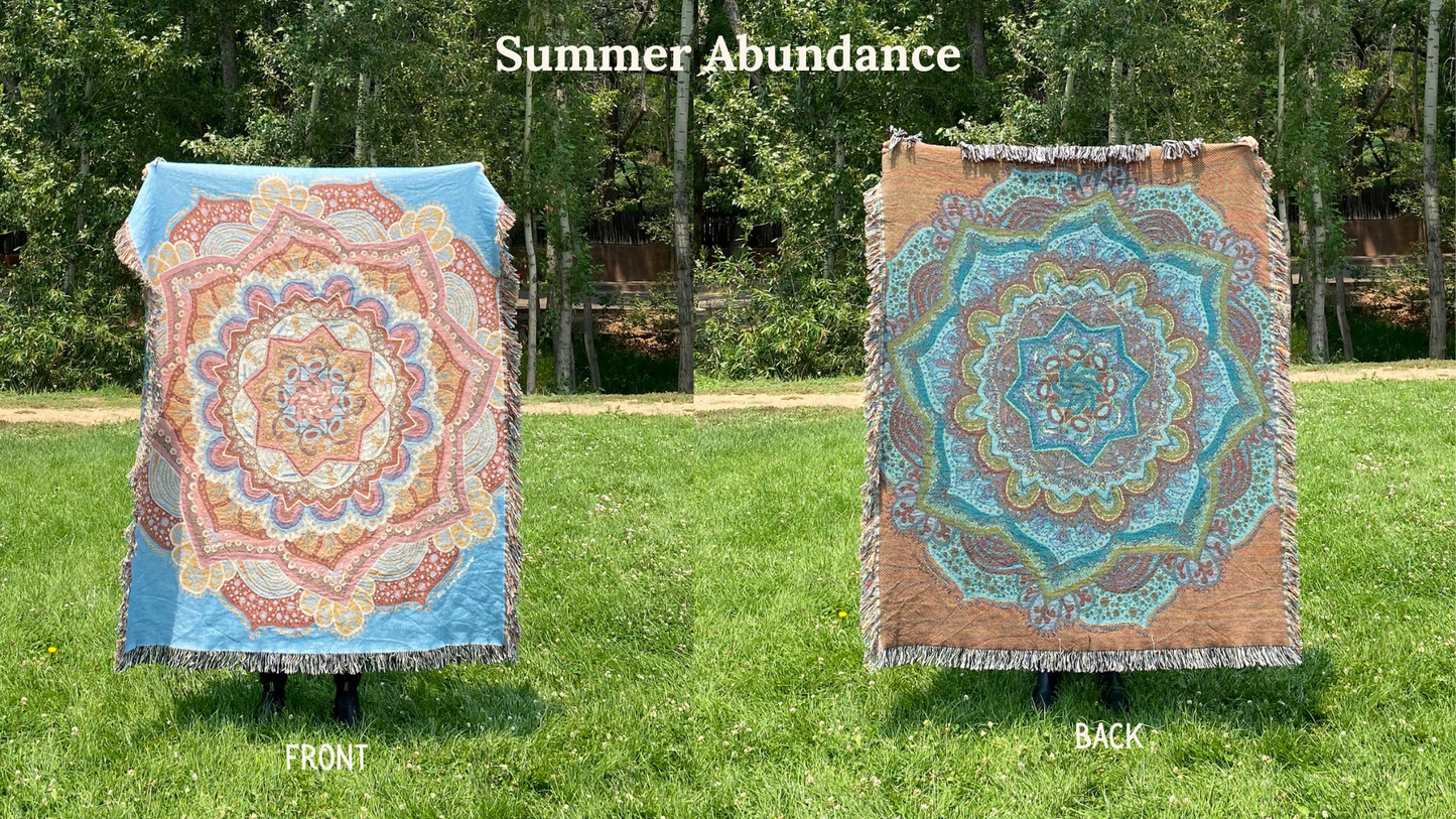 Front and back of a colorful mandala woven blanket