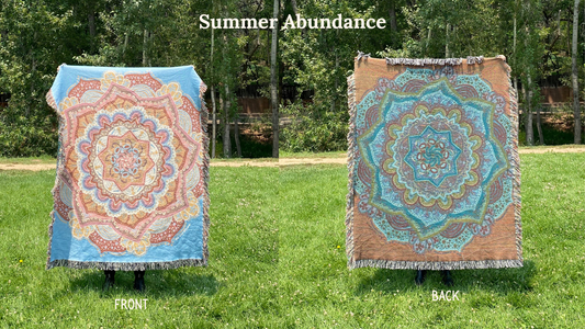 Front and back of a colorful mandala woven blanket