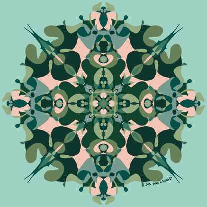 Original kaleidoscope pattern in various greens used on the blanket